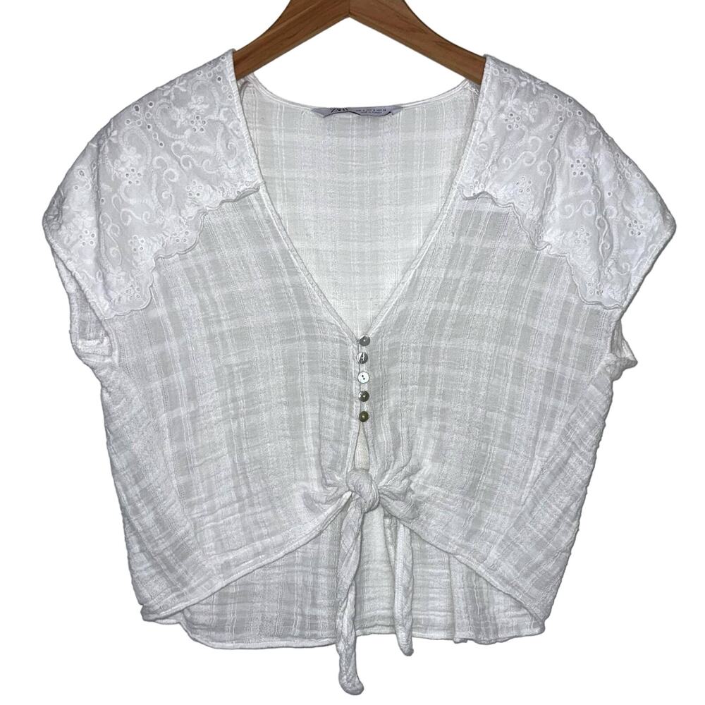 Zara Crop Tie Waist White Eyelet Shoulder Top Size Small